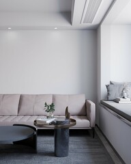 contemporary modern living room with mute color and empty space on white wall. 3d illustration