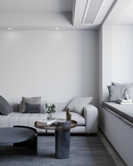 contemporary modern living room with mute color and empty space on white wall. 3d illustration