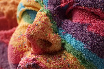 A close-up of a colorful granular sculpture in the shape of a face, full of art.