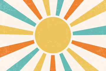 Retro sunrise background. Vector pattern with radial rays and grunge texture. 70s abstract vintage summer poster. Orange and green beams on old paper backdrop