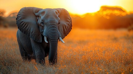 Fototapeta premium Elephant in golden grass under a radiant sunset glow