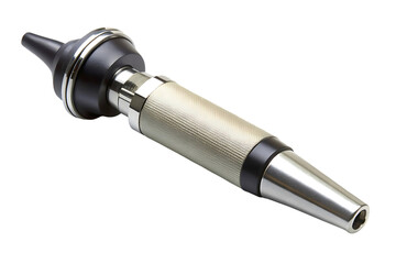 An otoscope with a pointed ear tip and handle, isolated on a transparent background.