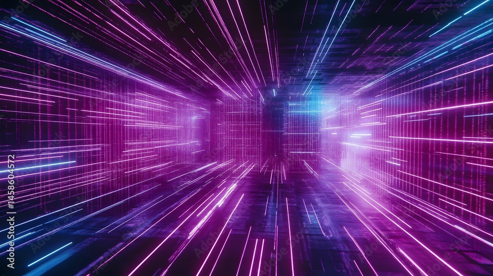 Canvas Prints futuristic neon lines in a glowing tunnel.