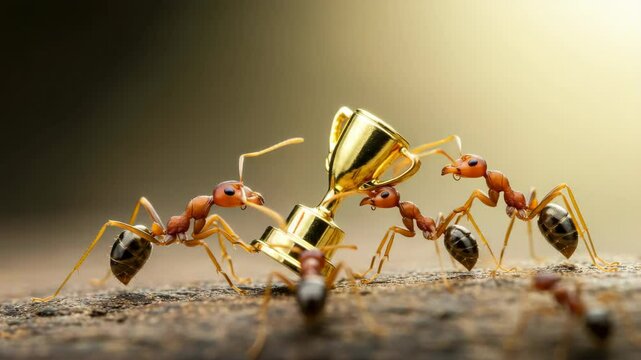 Ants Lifting a Golden Trophy - Three red ants cooperatively lift a miniature golden trophy, showcasing teamwork and achievement. The scene is set against a blurred background of warm, earthy tones