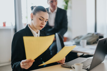 Two colleagues working on paperwork and laptop in modern office setting
