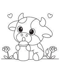 Coloring book  calf with a milk bottle. Sweet coloring creative for kid