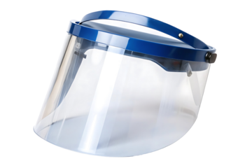 A medical face shield with a transparent visor, isolated on a transparent background.