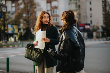 Two women having a conversation in the city, showing interaction and casual communication.