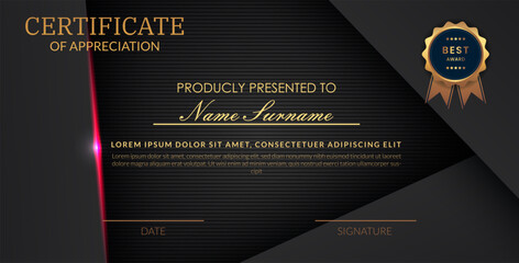 Creative certificate of appreciation best award template with abstract black pink light background, Use for print, certificate, diploma, graduation eps10 vector template