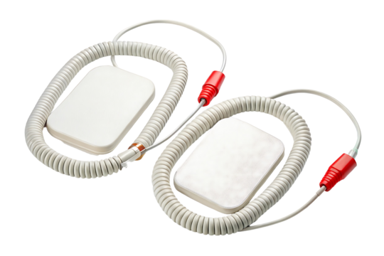 A defibrillator pad pair with wires coiled and placed, isolated on a transparent background.