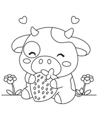 Coloring book calf enjoys a strawberry treat Cute and delightful