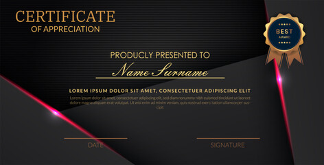 Creative certificate of appreciation best award template with abstract black pink light background, Use for print, certificate, diploma, graduation eps10 vector template