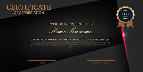 Creative certificate of appreciation best award template with abstract black pink light background, Use for print, certificate, diploma, graduation eps10 vector template