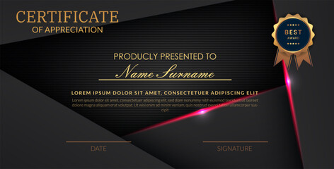 Creative certificate of appreciation best award template with abstract black pink light background, Use for print, certificate, diploma, graduation eps10 vector template