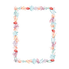 Rectangular frame with watercolor sea elements. Marine collection. Hand drawn watercolor