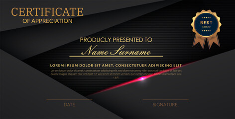 Creative certificate of appreciation best award template with abstract black pink light background, Use for print, certificate, diploma, graduation eps10 vector template