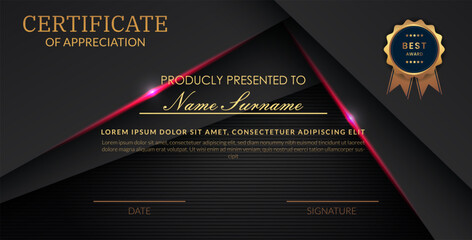 Creative certificate of appreciation best award template with abstract black pink light background, Use for print, certificate, diploma, graduation eps10 vector template