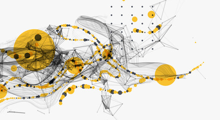 Abstract visualization of scientific data interaction through a network of interconnected nodes, smooth curves and chaos. Vector