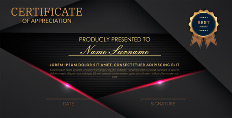 Creative certificate of appreciation best award template with abstract black pink light background, Use for print, certificate, diploma, graduation eps10 vector template