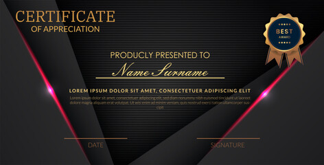 Creative certificate of appreciation best award template with abstract black pink light background, Use for print, certificate, diploma, graduation eps10 vector template