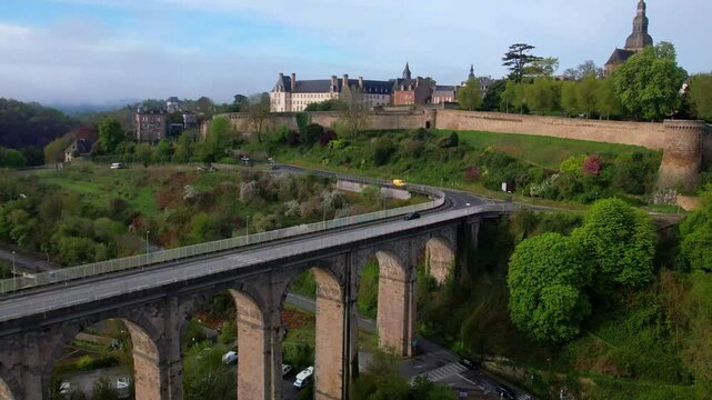 Aerial View of Dinan Viaduct Arc Bridge, France Brittany Travel, Scenic Panorama of Up Town and Down River Village, Medieval Stone Architecture over Rance Valley, Majestic French Landscape 4K Video