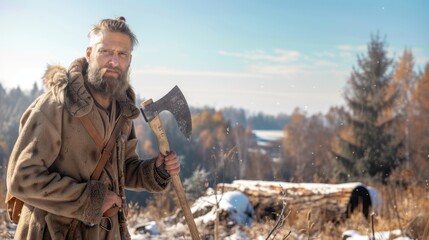 Fototapeta premium Man in Furs Holding Axe Amidst Snowy Forest Landscape
