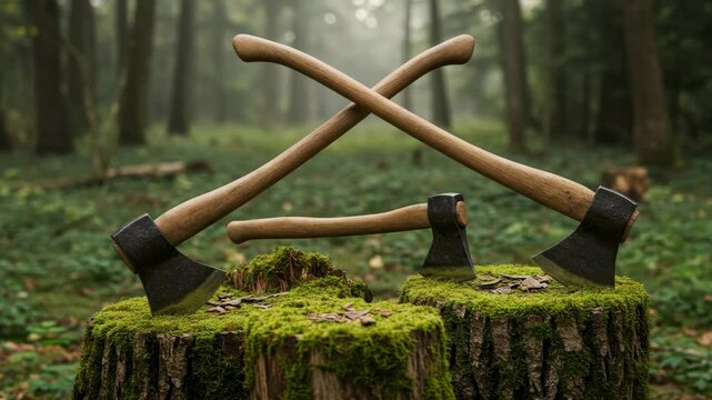 Two Axes Crossed on Mossy Tree Stump in Forest - Two large axes are crossed atop a smaller axe