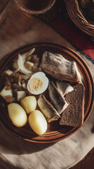 Traditional meal with fish, potatoes, and bread on rustic plate  
