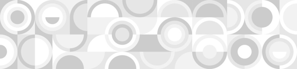 White trendy seamless background of circles and squares in modern Scandinavian style. Cover of gray geometric shapes in retro texture for wallpaper or packaging.