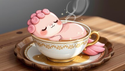 A pastel doodle platypus with sleepy eyes is lounging in a real tea cup on a photoreal tray. Steam sparkles rise from the tea, and it's gently floating like a hot spring