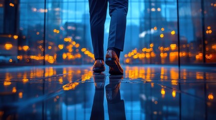 Plakat Person walking towards a city view reflected in a shiny floor.