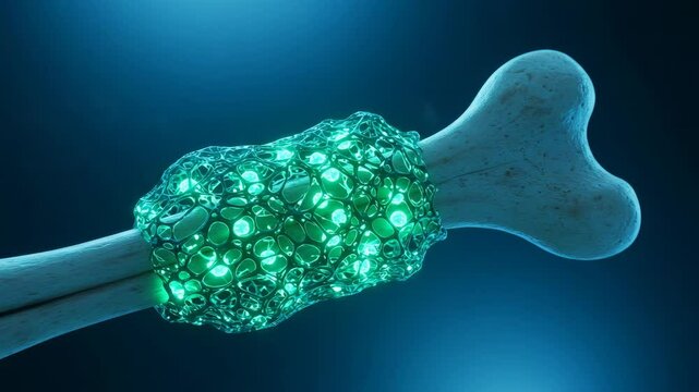 Microscopic View of Bone Regeneration with Glowing Cells - A detailed 3D video showcases a bone fragment with vibrant green cells actively regenerating and rebuilding the bone structure. The video