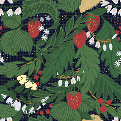 Seamless repeating pattern. Tree branches with strawberries and lilies of the valley. Colofull vector illustrations on dark background for surface design and other design projects.