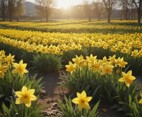 Fototapeta premium Sunlit daffodil field, vibrant yellow blooms, springtime freshness, macro, field, blossom