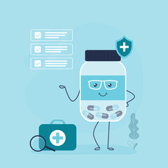Bottle with pills, cartoon character with happy face. Funny vial of vitamins, antibiotics or painkiller pill. Medicine and pharmacy mascot. Healthcare, medical theme.