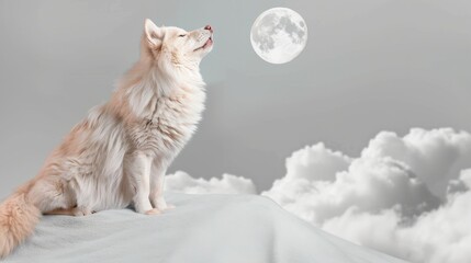 Majestic White Dog Howling at Bright Full Moon in Soft Clouds