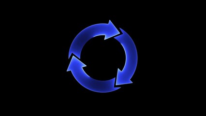 Circular cycle diagram with three curved blue arrows forming a loop on black background, futuristic flowchart concept, continuous process