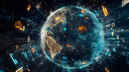 Obraz premium Digital representation of the world, overlaid with intricate technology patterns.