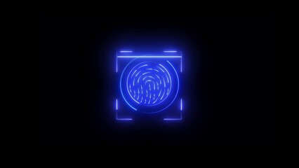 Glowing blue fingerprint inside futuristic square frame on dark background, digital biometric authentication icon, high-tech security concept, advanced identification technology visualization in moder