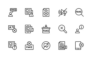 Fake News related vector linear icons set. Isolated icon collection such as fake, content, distortion, news, incorrect information, headline and more.