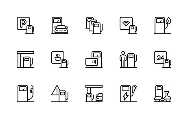 Petrol station related vector linear icons set. Isolated icon collection such as maintenance, wash, gas station, petrol pump and more.