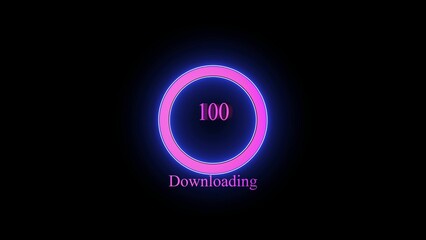 Glowing purple circular progress indicator with 100% completion and downloading text on black background, futuristic digital user interface
