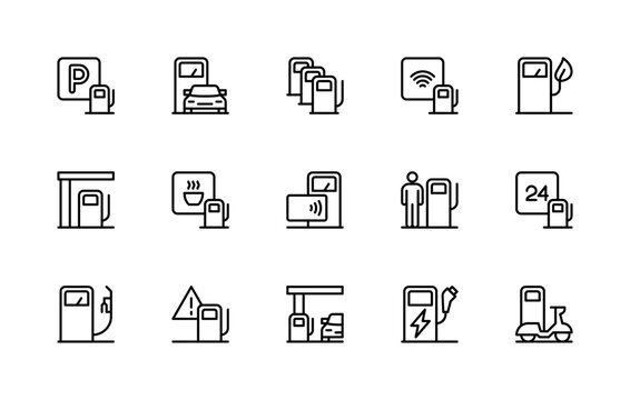Petrol station related vector linear icons set. Isolated icon collection such as maintenance, wash, gas station, petrol pump and more.