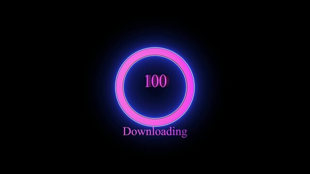 Glowing purple circular progress indicator with 100% completion and downloading text on black background, futuristic digital user interface