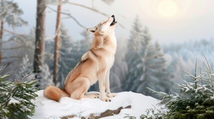 Majestic Wolf Howling at Dawn in a Snowy Forest Landscape