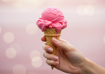 A hand holds a pink ice cream cone with delicious melting ice cream, a sweet summer treat.