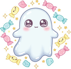 Fototapeta premium Halloween Ghost Surrounded by Sweet Treats
