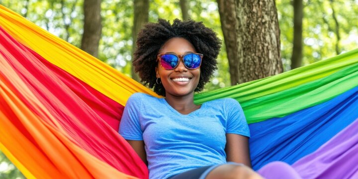 A woman is smiling and wearing sunglasses while sitting in a colorful hammock. Concept of relaxation and enjoyment, as the woman is taking a break from her daily routine and embracing the outdoors