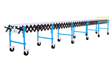Solid flat color technical illustration design Minimalist Simplified 2D Clean of Extendable Scissor Conveyor for Warehouse, Logistics, and Manufacturing Applications Adjustable Length Roller 
