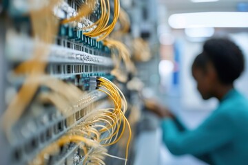 Close-up of Network Cables in Data Center with Technician in Background.
